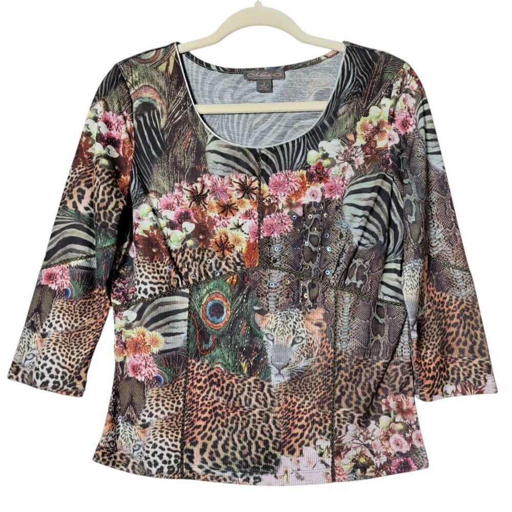 Metric Womens Y2K Beaded Floral Sequin Zebra Leopard Peacock Artsy Fairy Top S